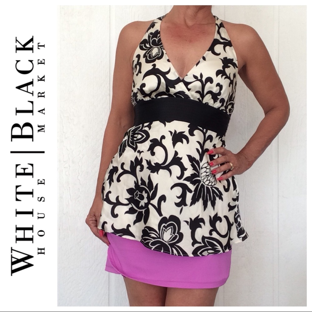 WHBM BLACK WHITE SILK GRAPHC PRINTED SILK HALTER TOP SMALL